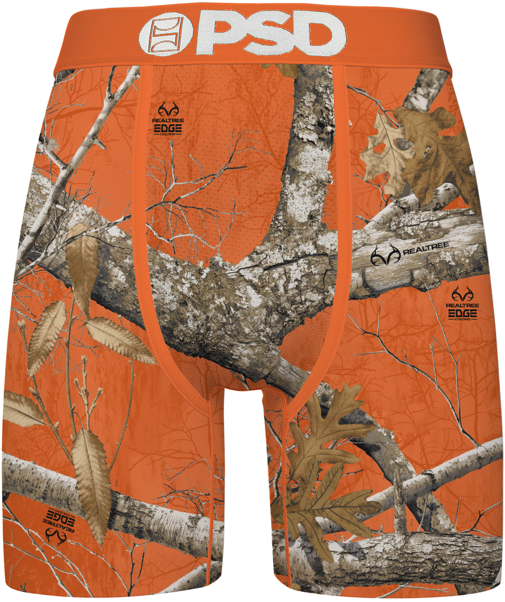 Camouflage-patterned underwear with 'PSD' branding on an orange background