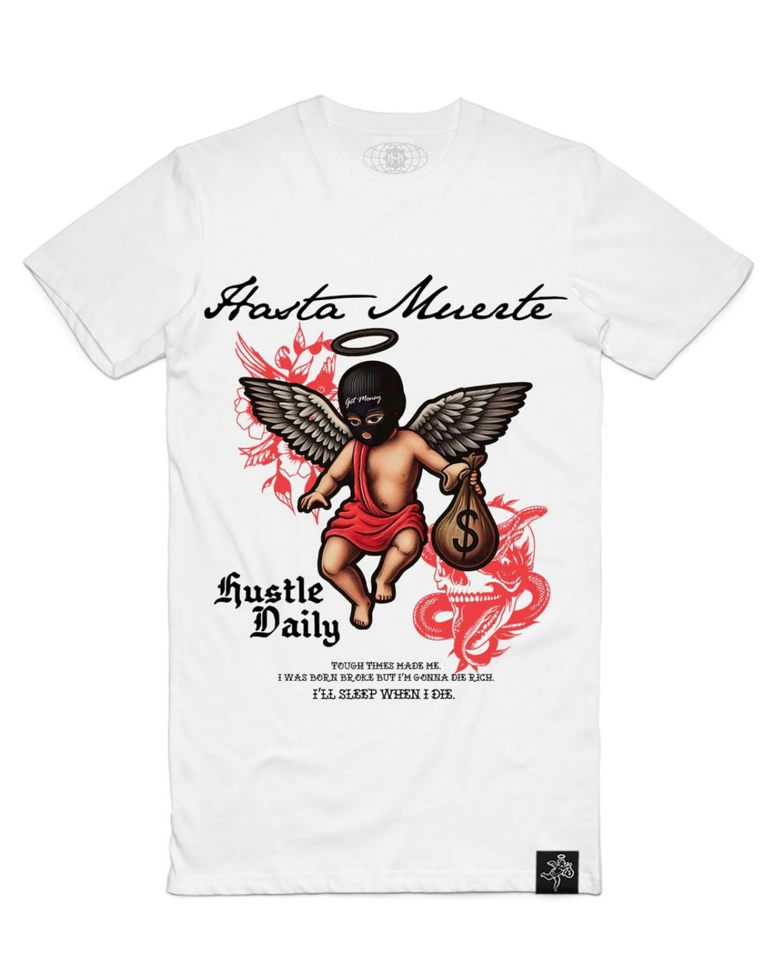 Hustle daily red shaded mm tattoo in white