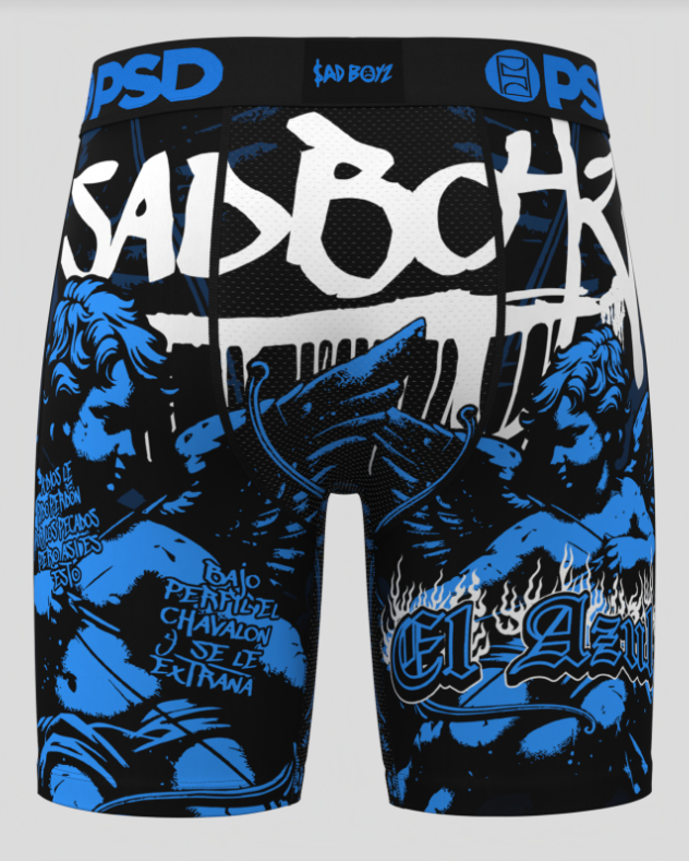 Boxer briefs with graphic design and text on a gray background