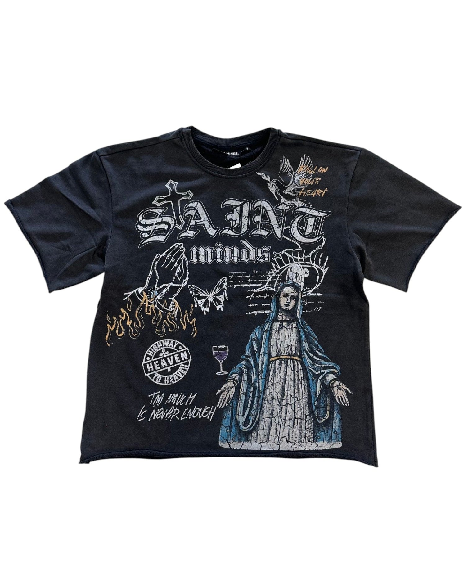 Black t-shirt with graphic design and text on a white background