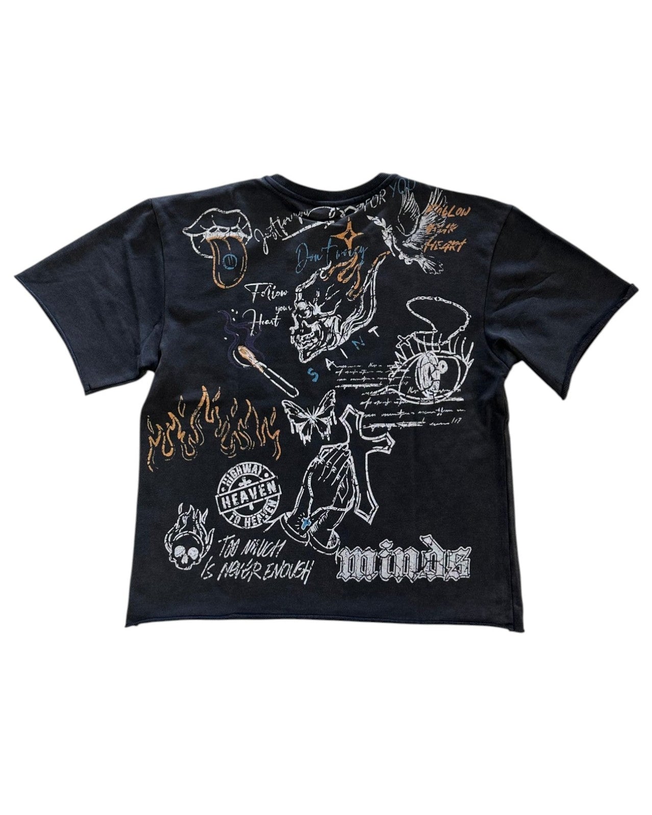 Black t-shirt with graphic designs and text on a white background