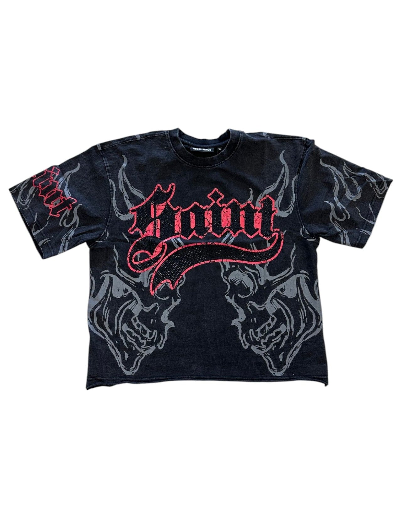 Black t-shirt with red and white graphic design on a white background