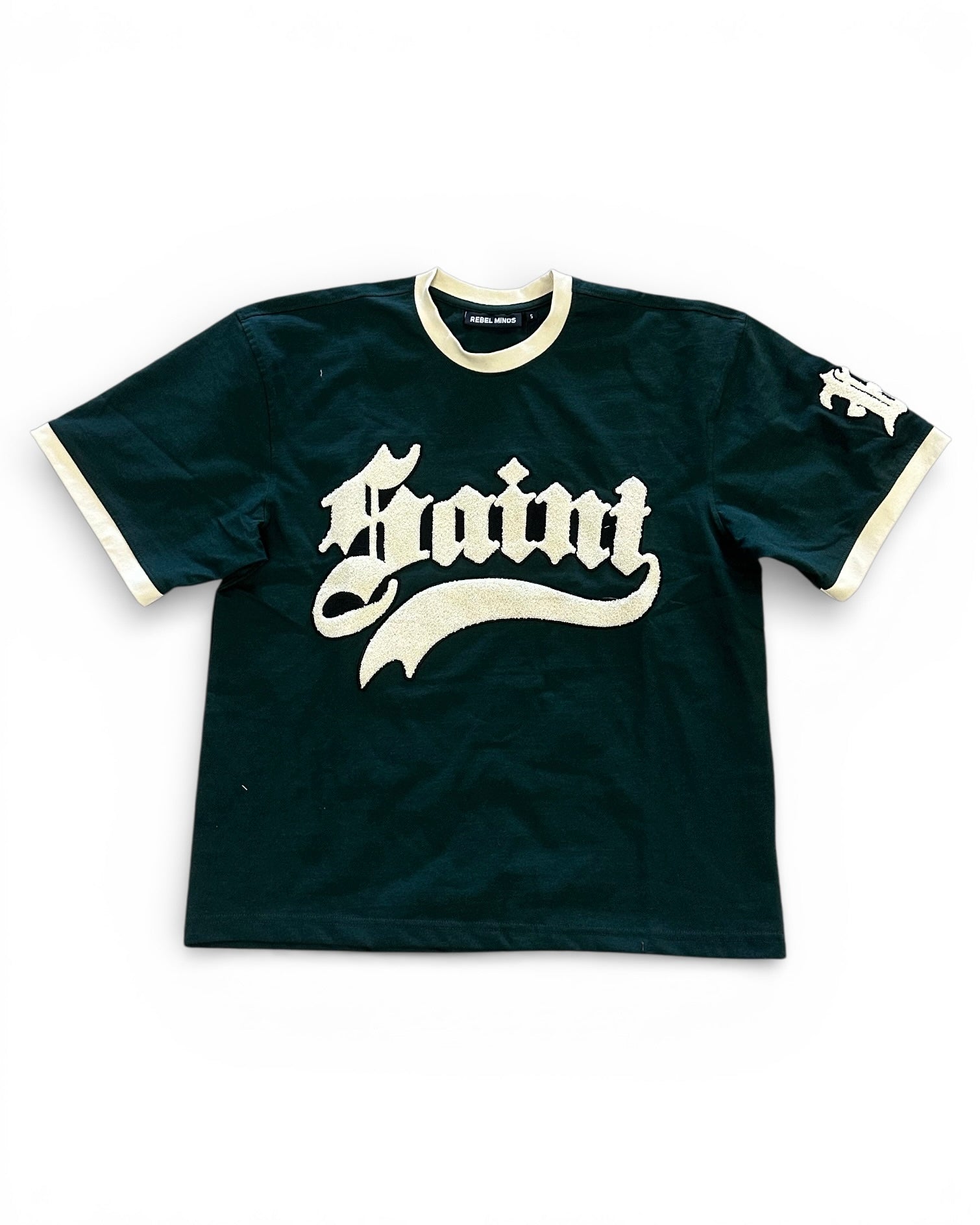 Black t-shirt with white text on a white background