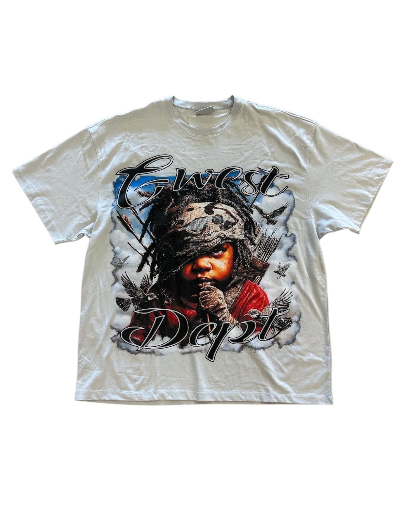 T-shirt with graphic design and text on a white background