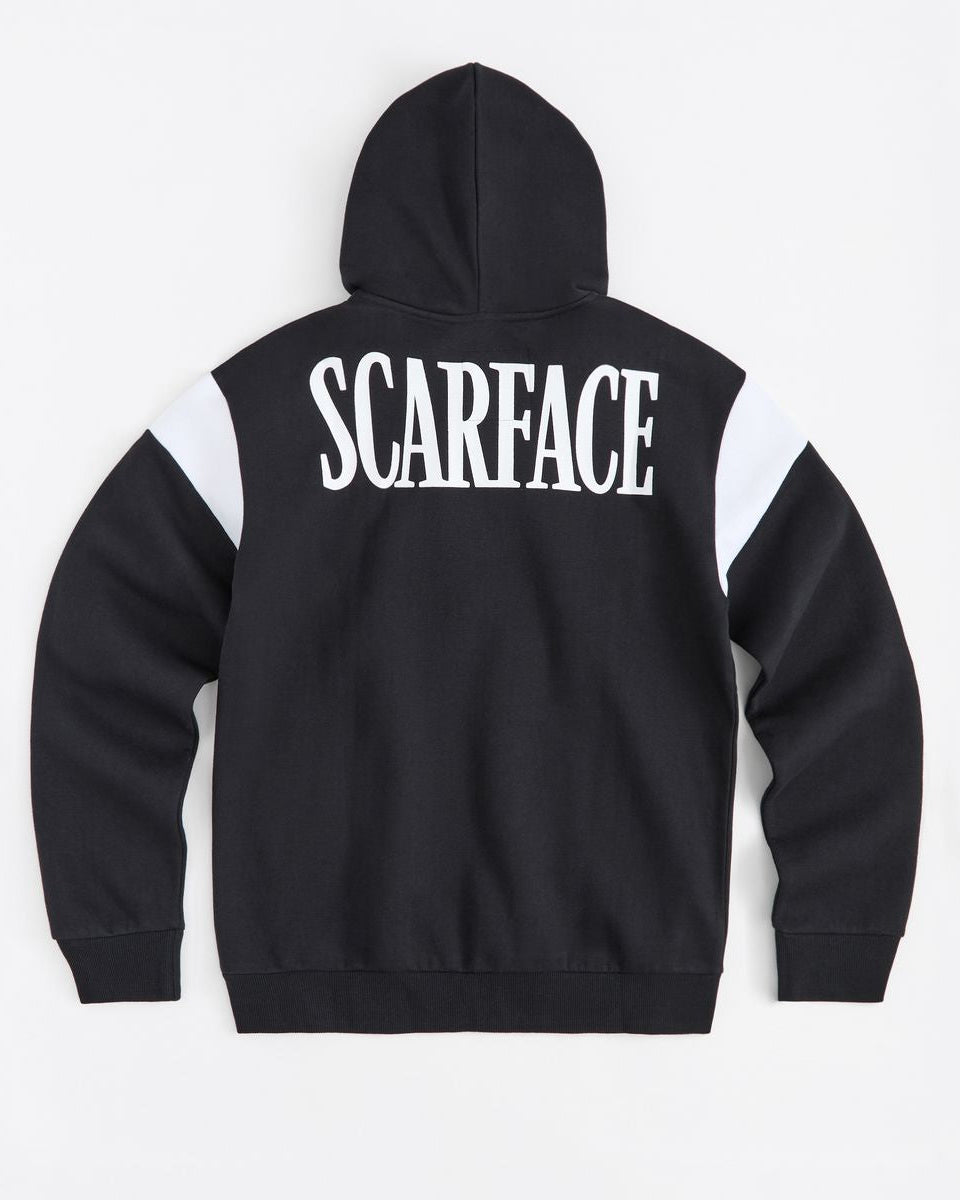 Black hoodie with 'SCARFACE' text on the back against a white background
