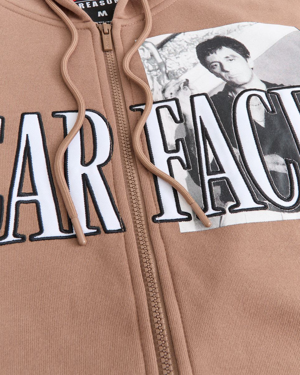 Brown hoodie with 'Bar Face' text and a graphic of a person on the chest.