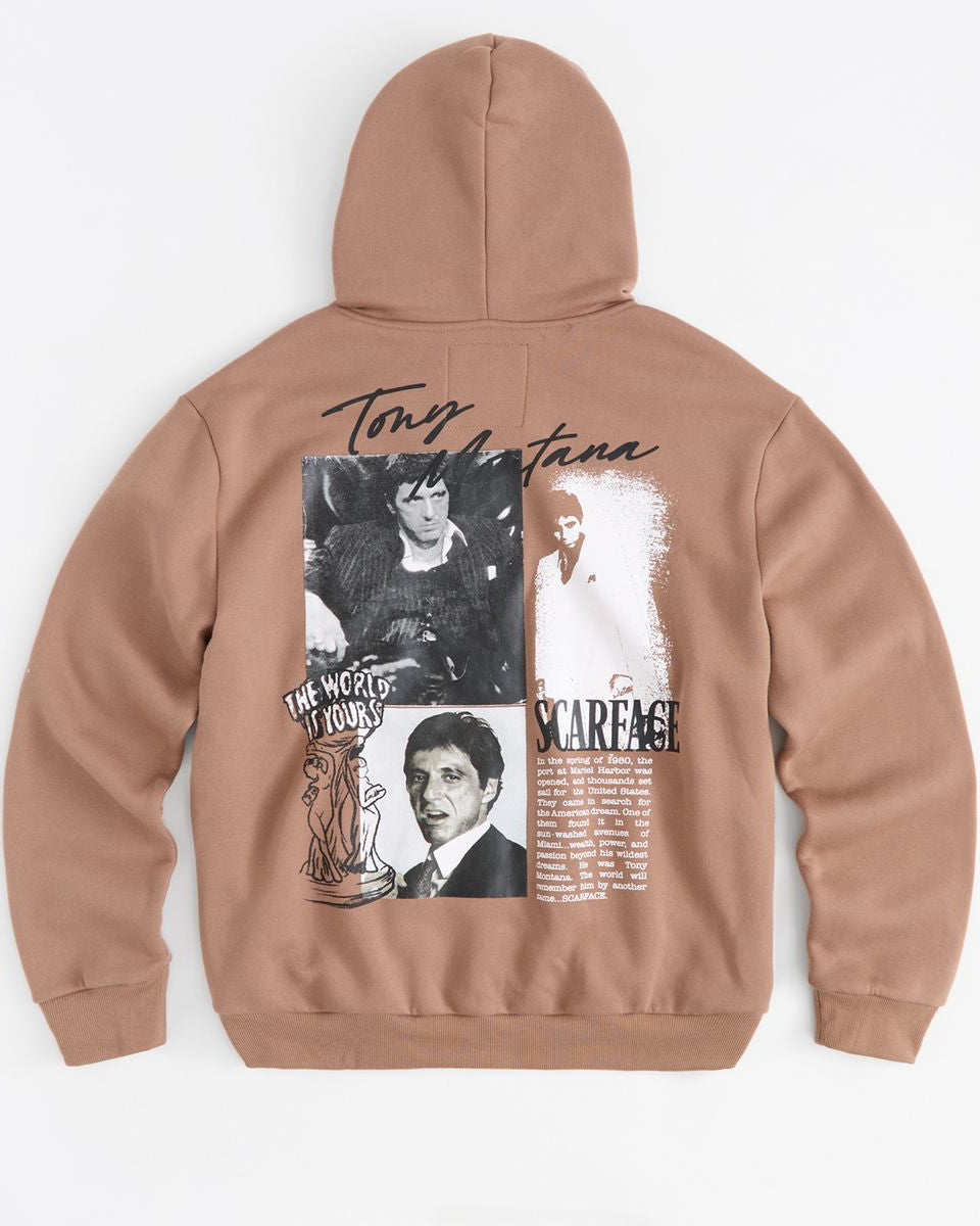 Brown hoodie with graphic design on the back featuring text and images.