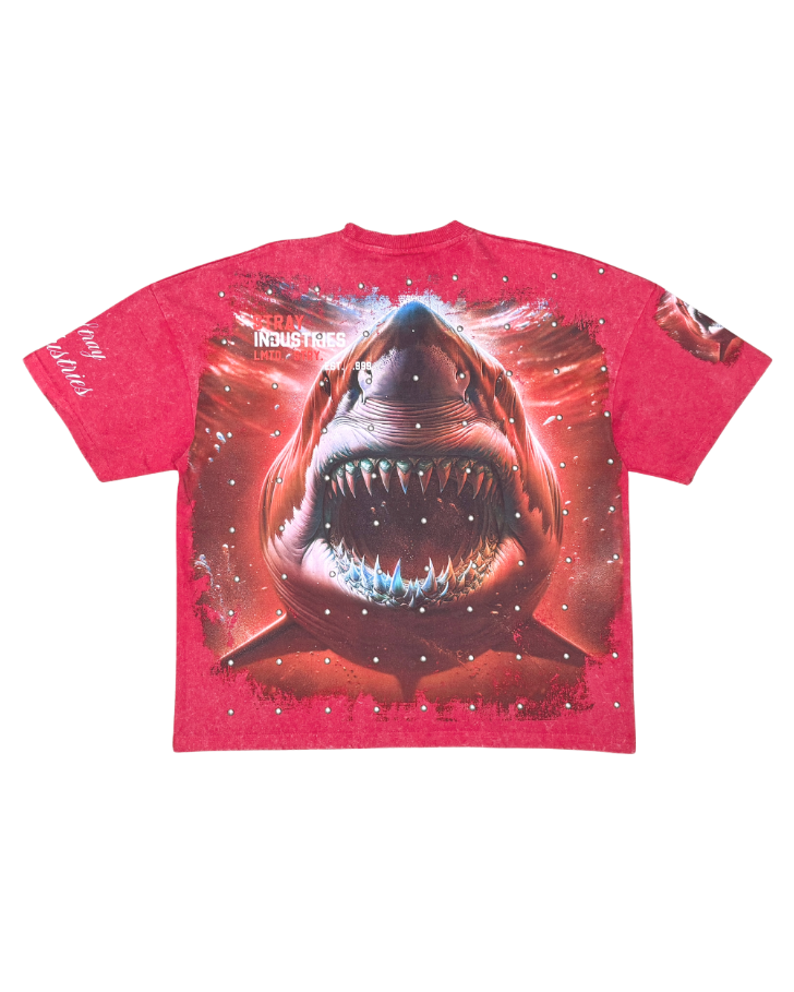Red t-shirt with a shark graphic on a white background