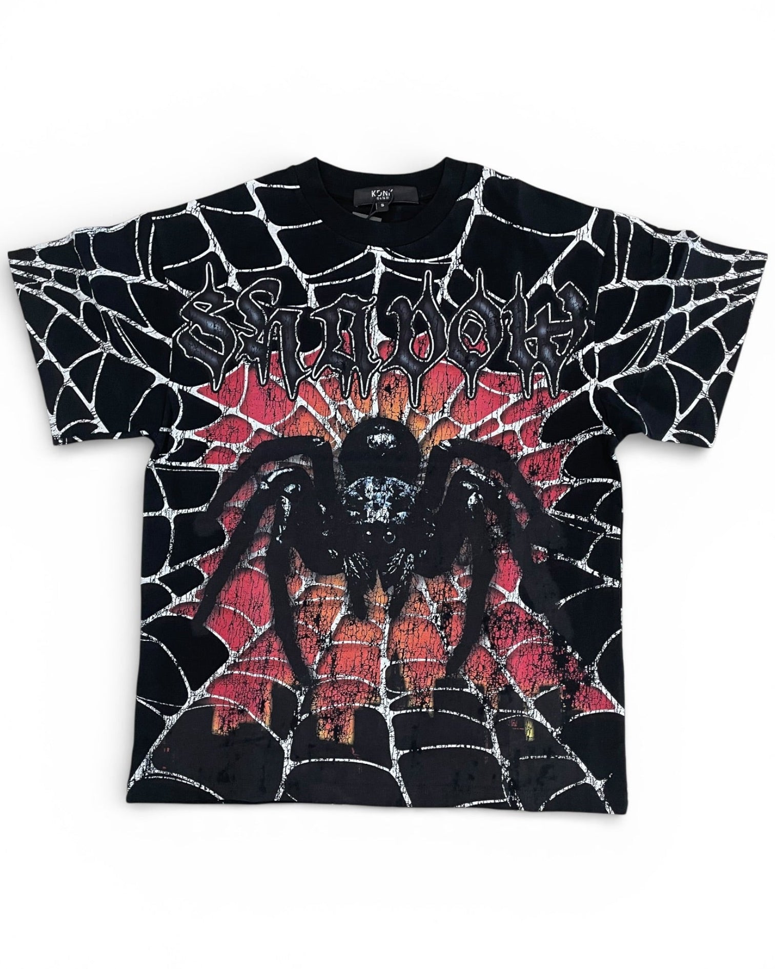 T-shirt with a spider and web design on a white background