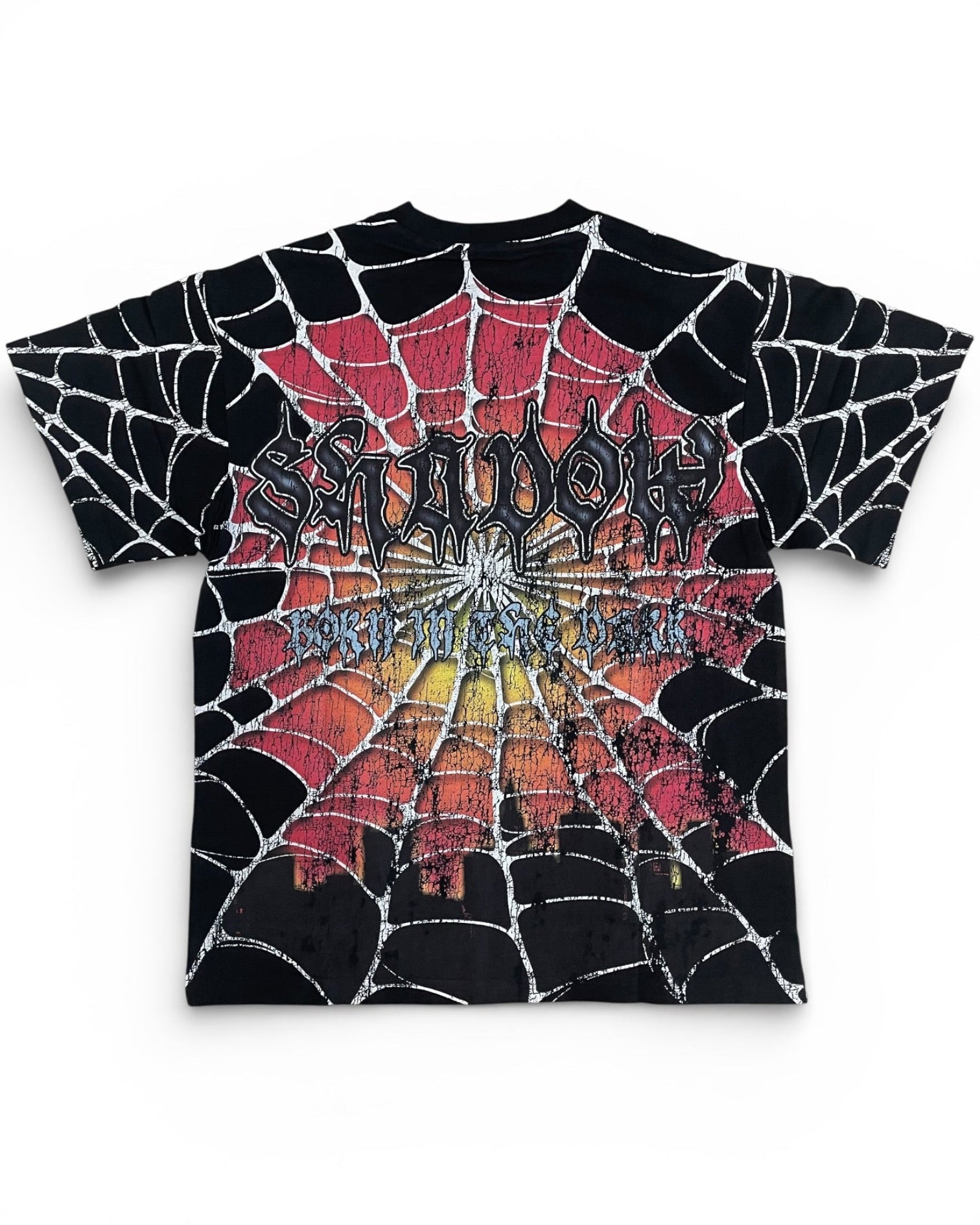 Black t-shirt with spider web design and colorful central graphic on a white background