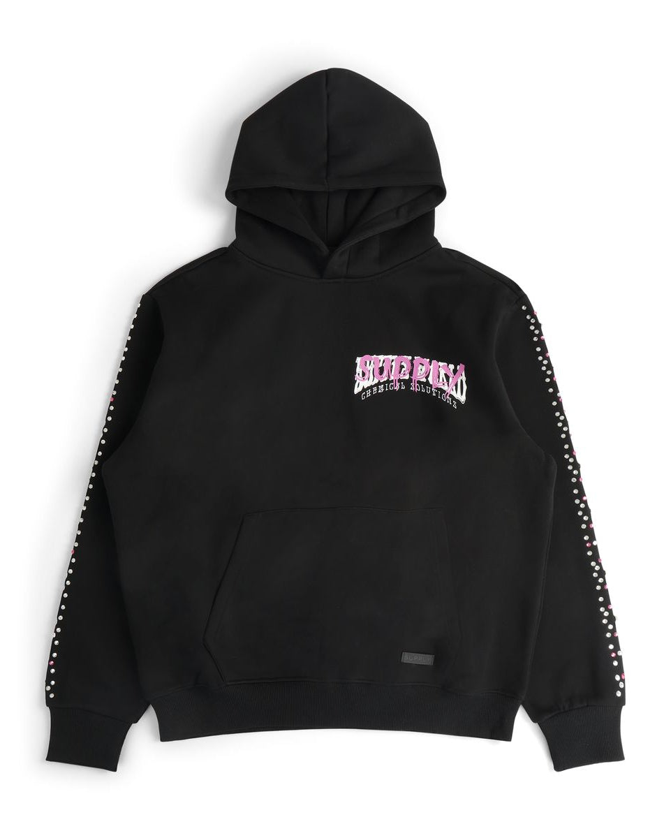Black hoodie with pink and white text on a white background