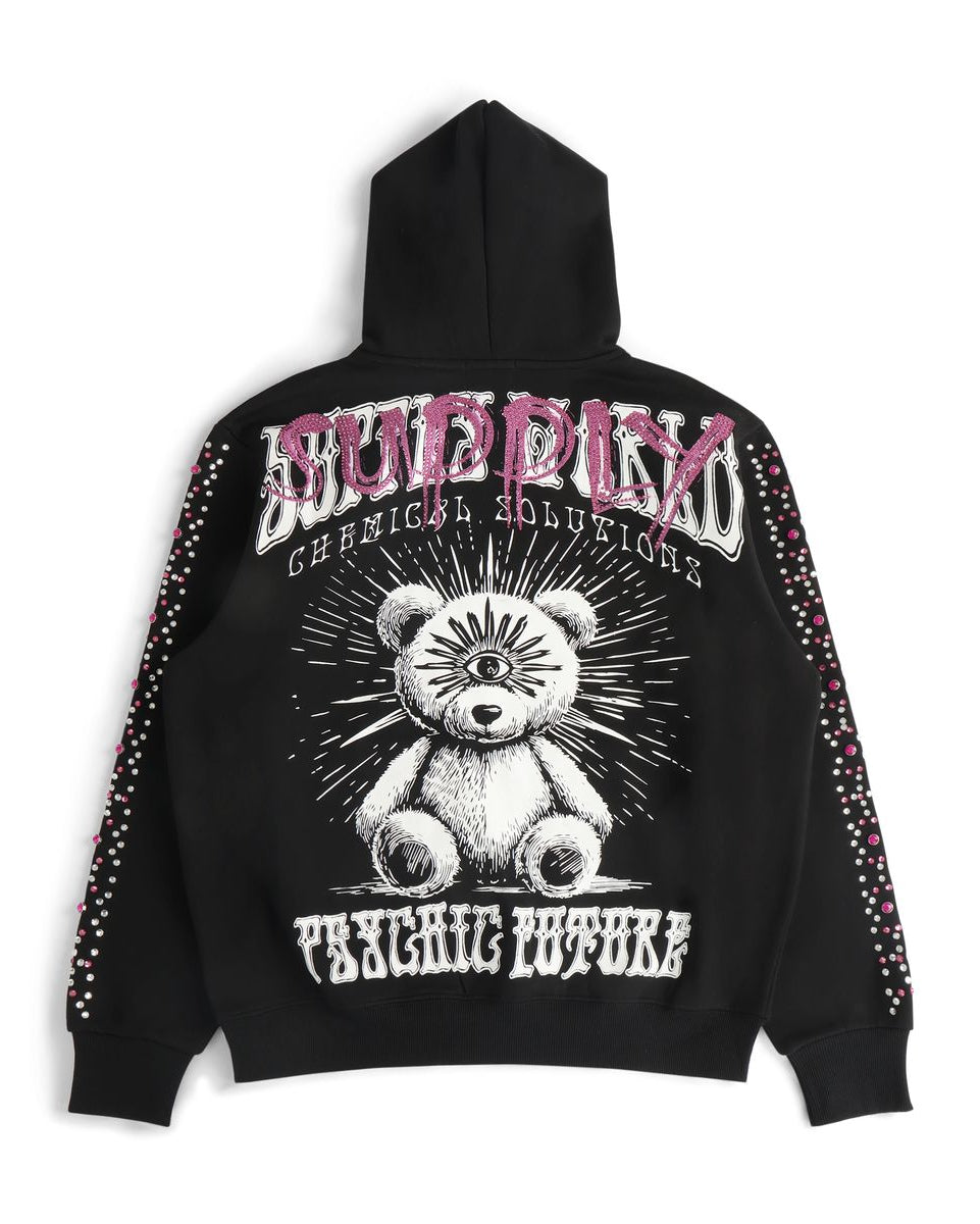 Black hoodie with graphic design and text on a white background