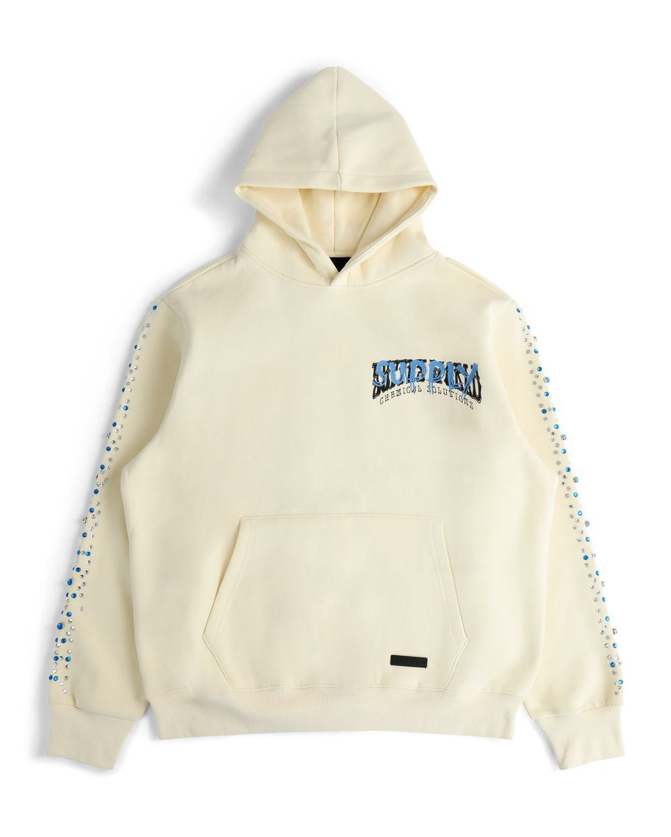 Beige hoodie with colorful sleeves on a white background