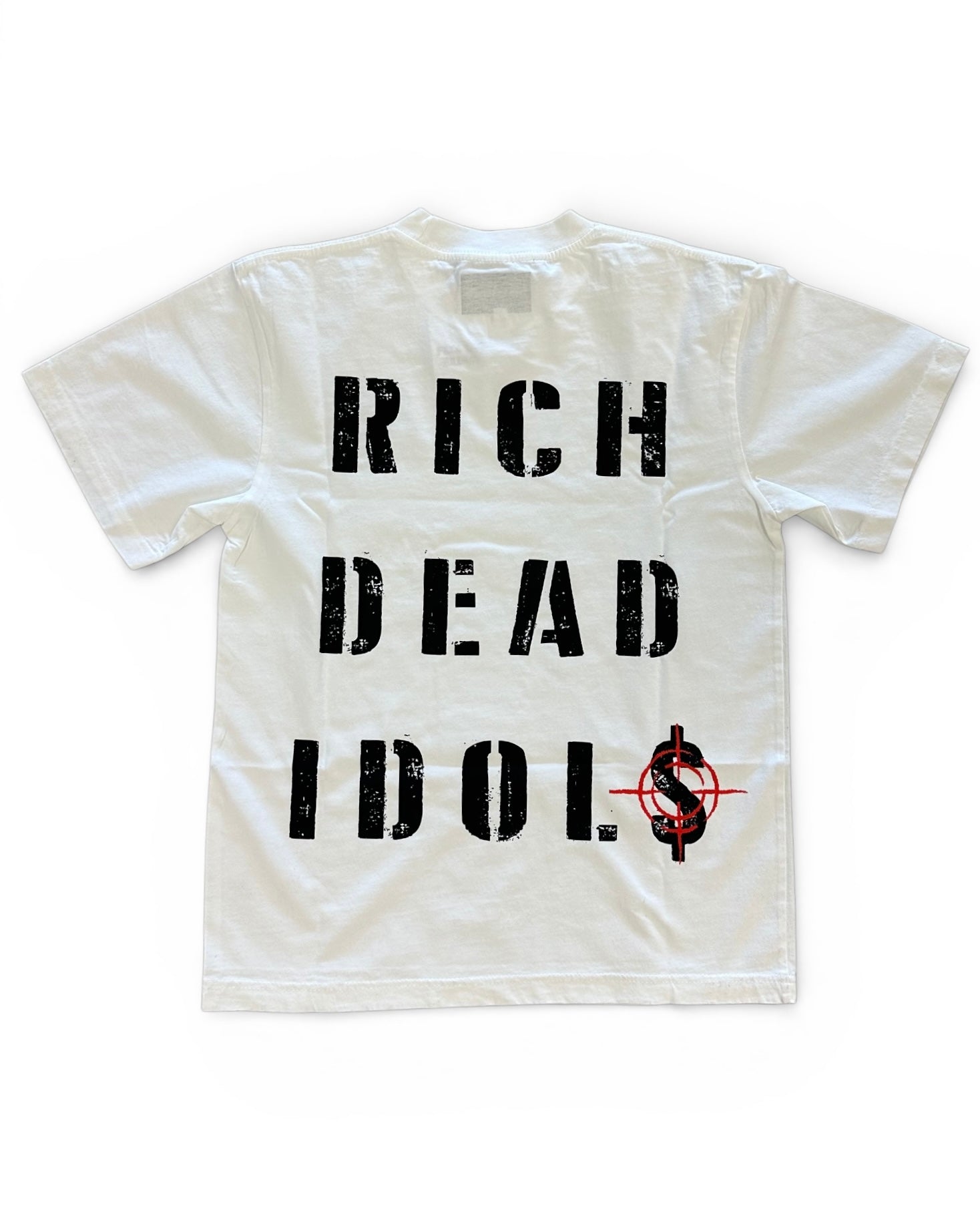 White t-shirt with 'Rich Dead Idols' text and dollar sign design on a white background