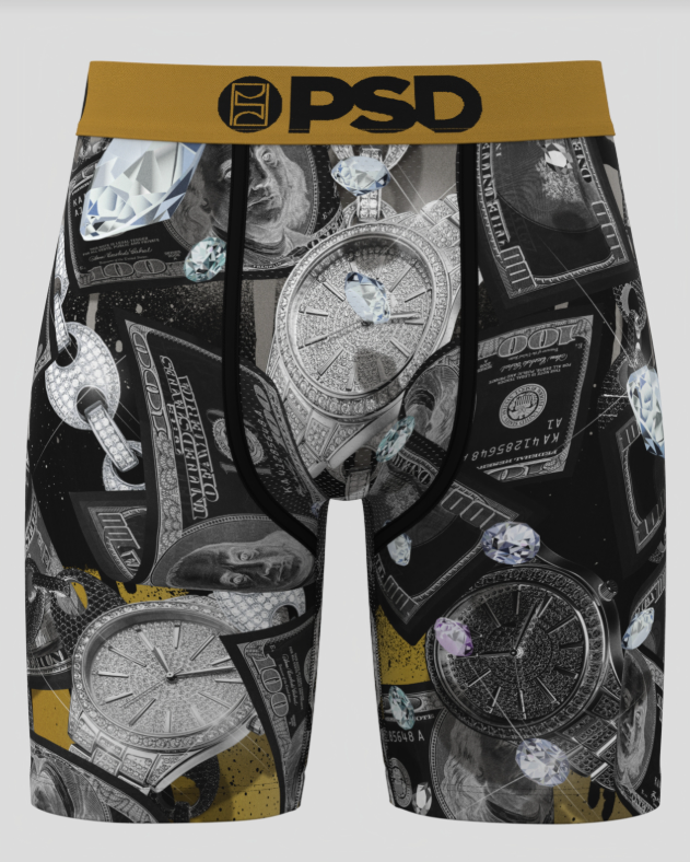 Boxer briefs with a pattern of watches and money, featuring the brand 'PSD'.