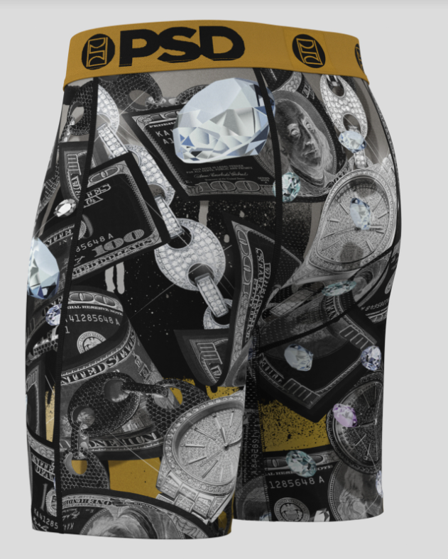 Men's underwear with money and jewelry pattern on a gray background