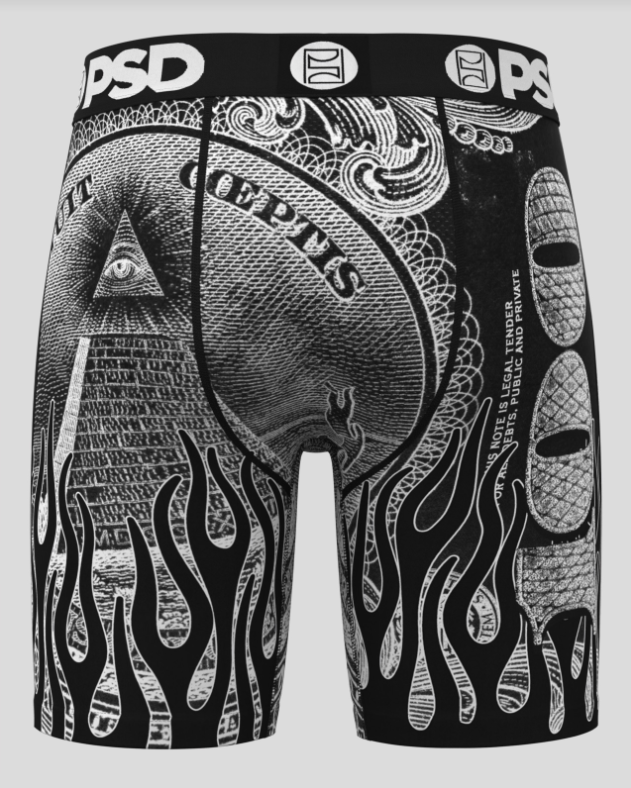 Black and white patterned underwear with visible branding on a white background