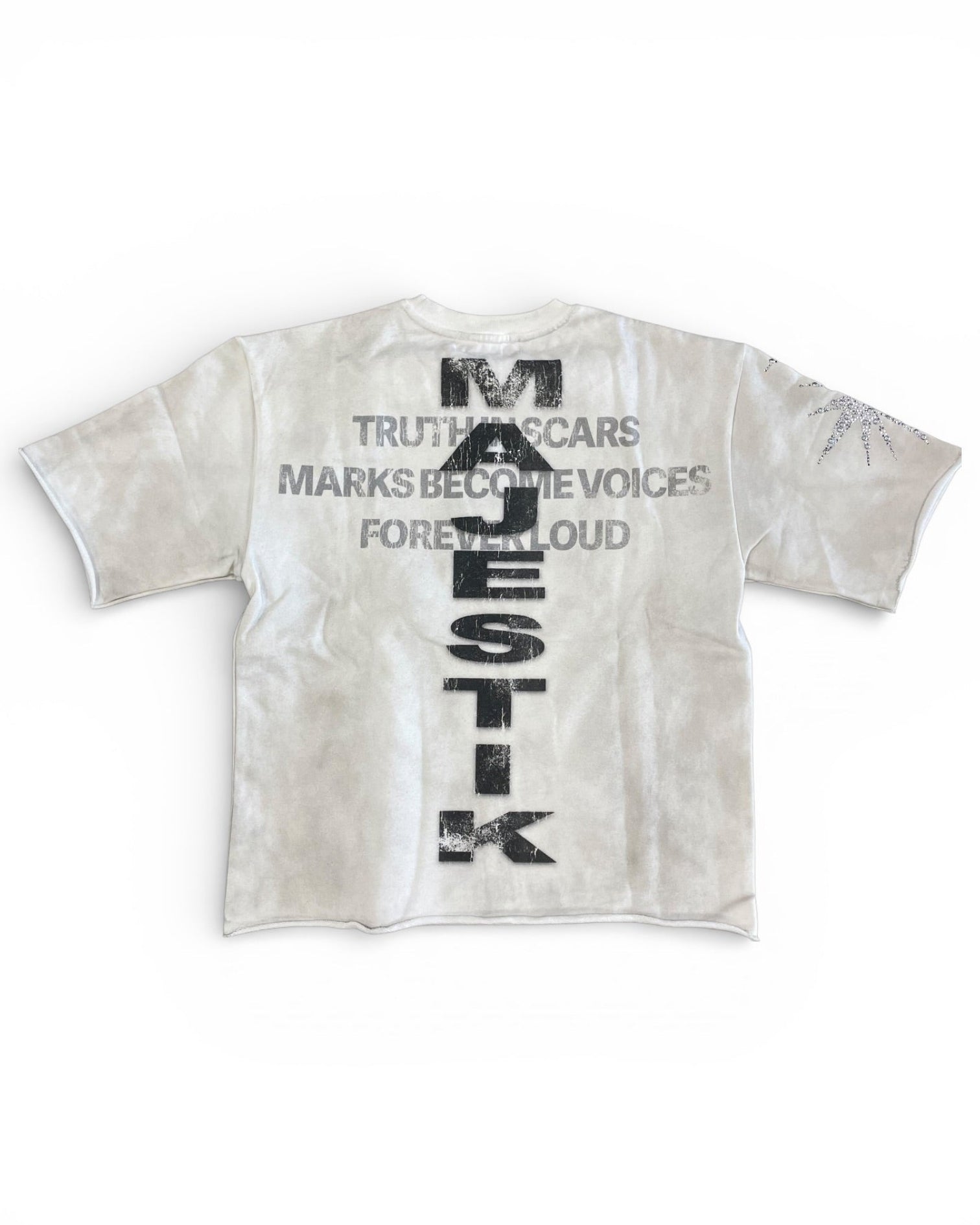 White t-shirt with black text on a white background