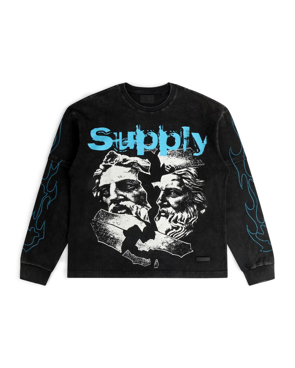 Black sweatshirt with graphic design and 'Supply' text on a white background
