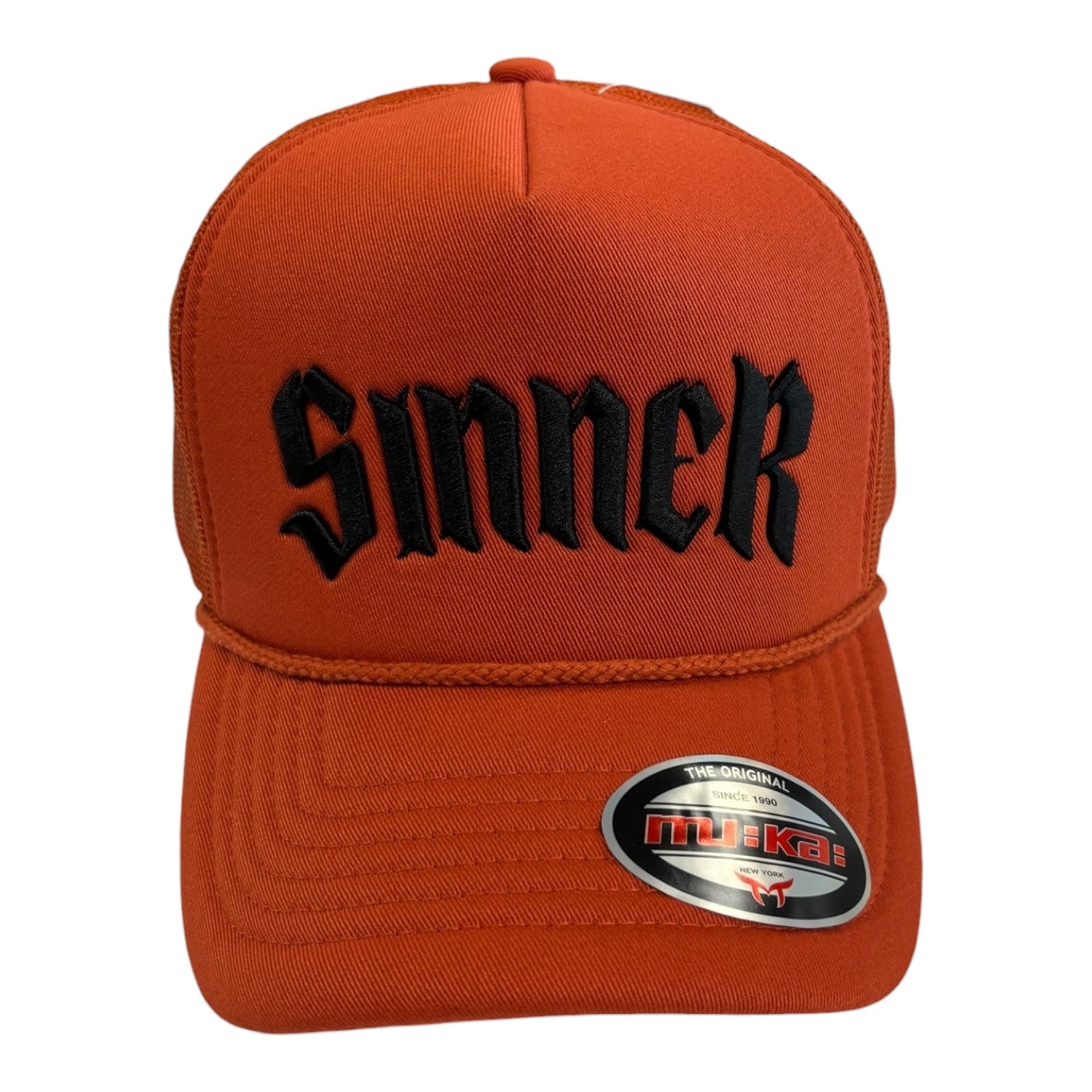 Orange cap with 'Sinner' text and Mu-Ka! logo on a white background