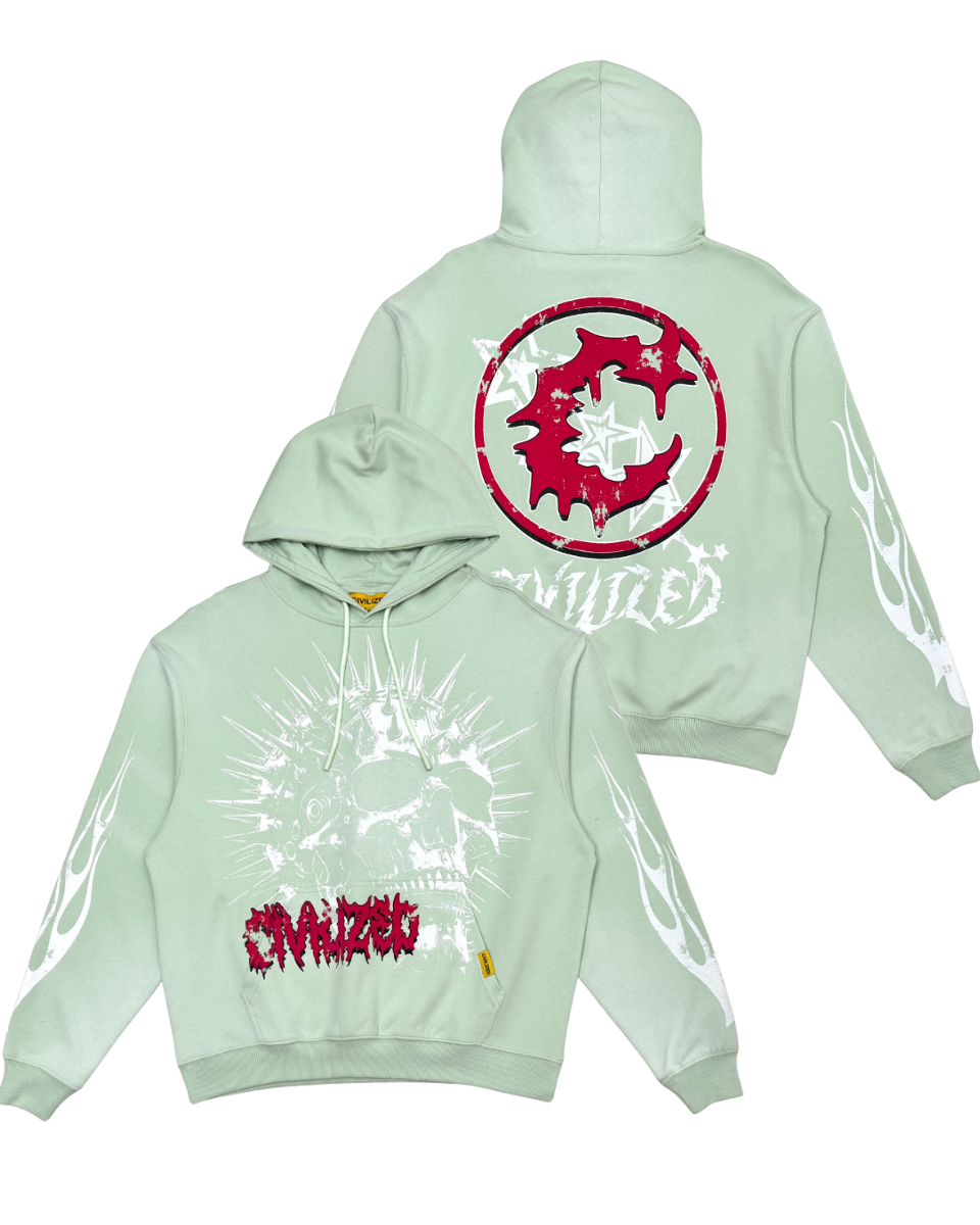 Light green hoodie with red and white graphics on a white background