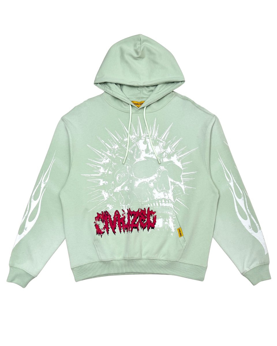 Light green hoodie with graphic design and text on a white background