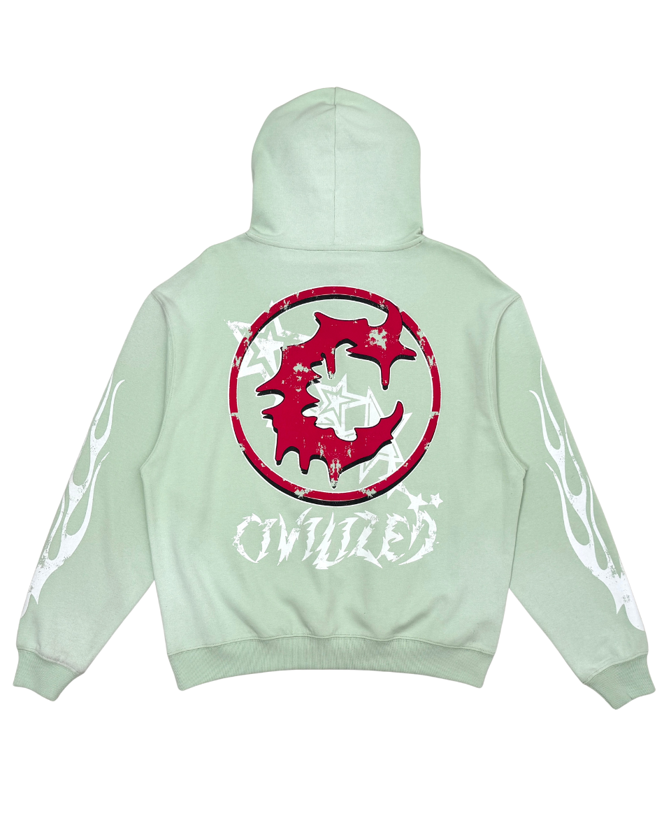 Light green hoodie with red and white graphic design on the back against a white background
