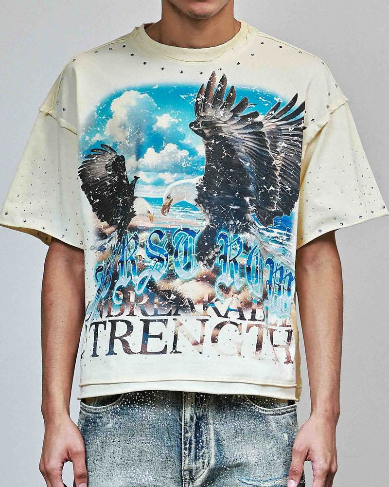 Person wearing a t-shirt with an eagle graphic and text on a plain background
