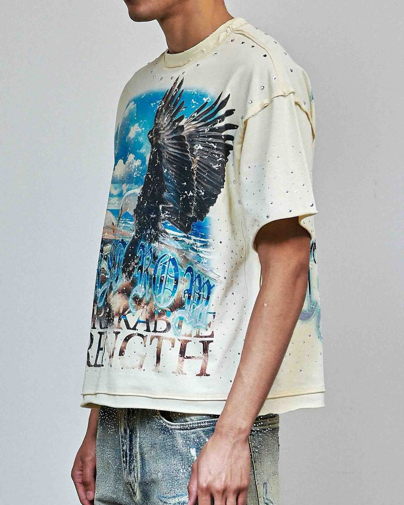 Person wearing a t-shirt with an eagle graphic and text on a plain background