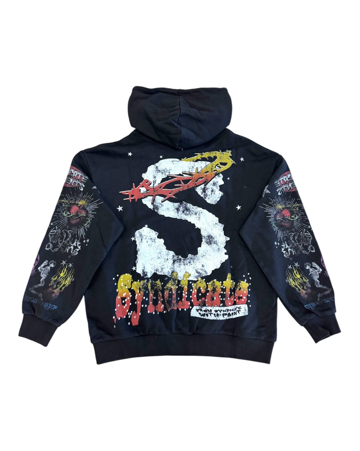 Black hoodie with colorful graphics and text on a white background