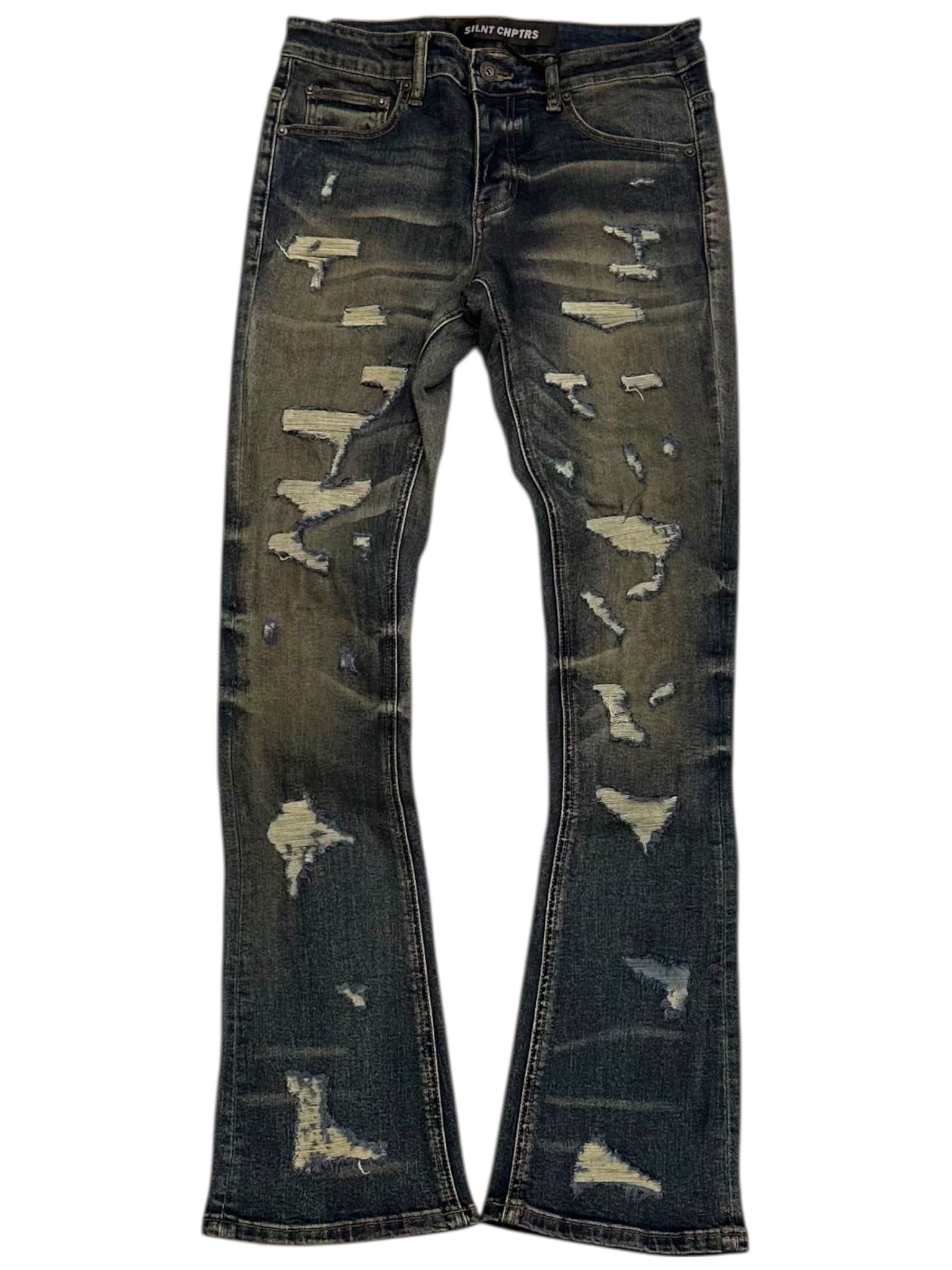 Distressed black jeans on a white background