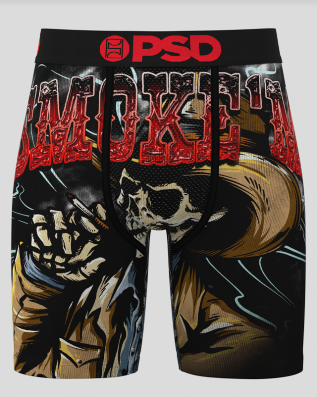 PSD underwear with graphic design featuring a fist, skull, and text on a gray background