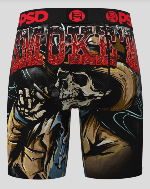 BRIEFS with a graphic design of a skeleton wearing a cowboy hat and smoking a cigarette, branded with 'PSD'.
