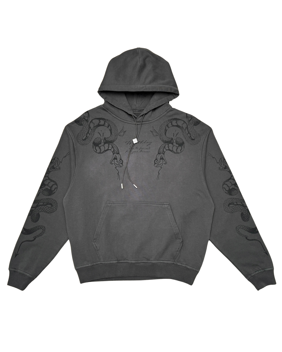Dark gray hoodie with snake designs on sleeves against a white background