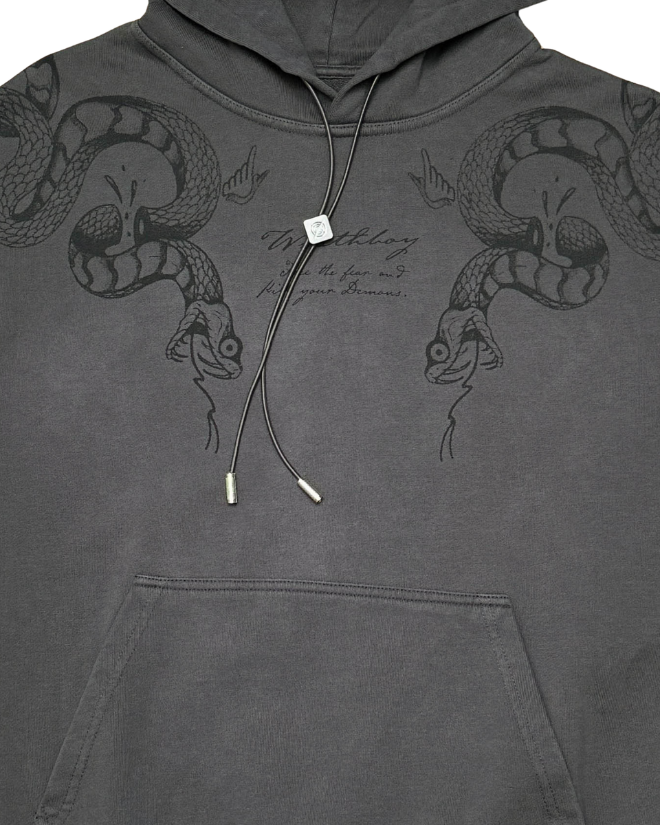 Gray hoodie with snake designs on the shoulders and text on the chest.