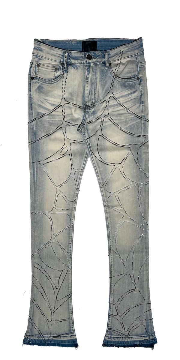 Pair of distressed blue jeans on a white background