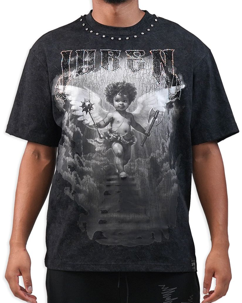 Person wearing a black t-shirt with a graphic design of a cherub and text.