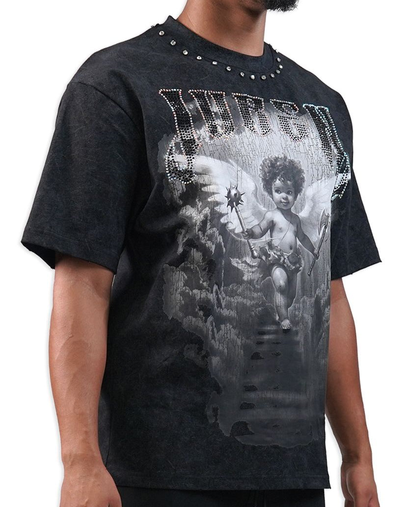 Black t-shirt with graphic design and studded details worn by a person