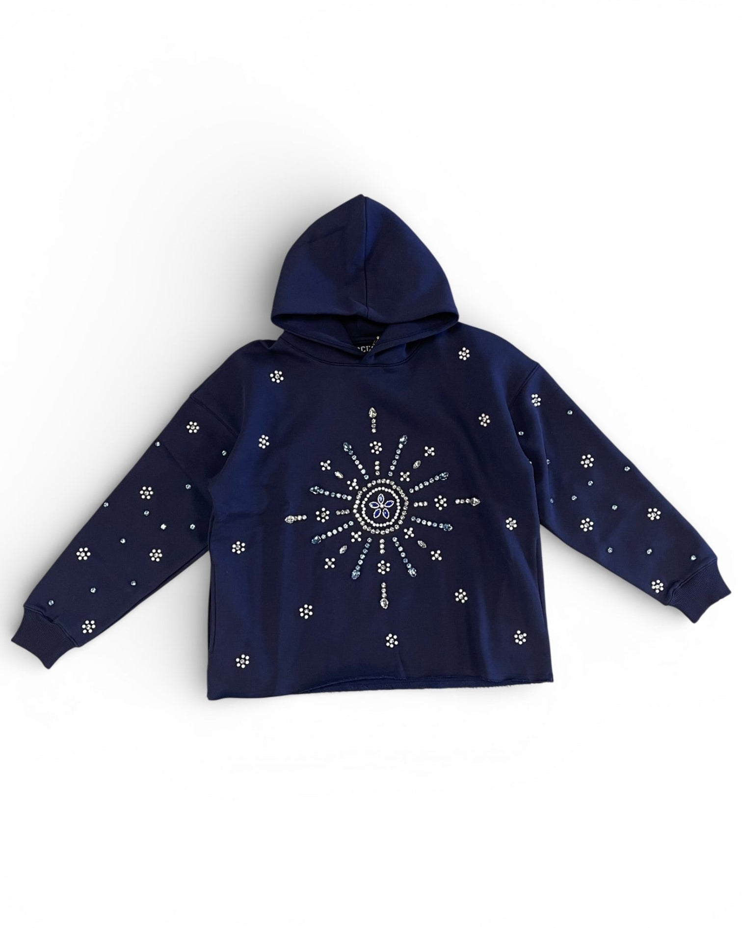 Navy blue hoodie with star patterns on a white background