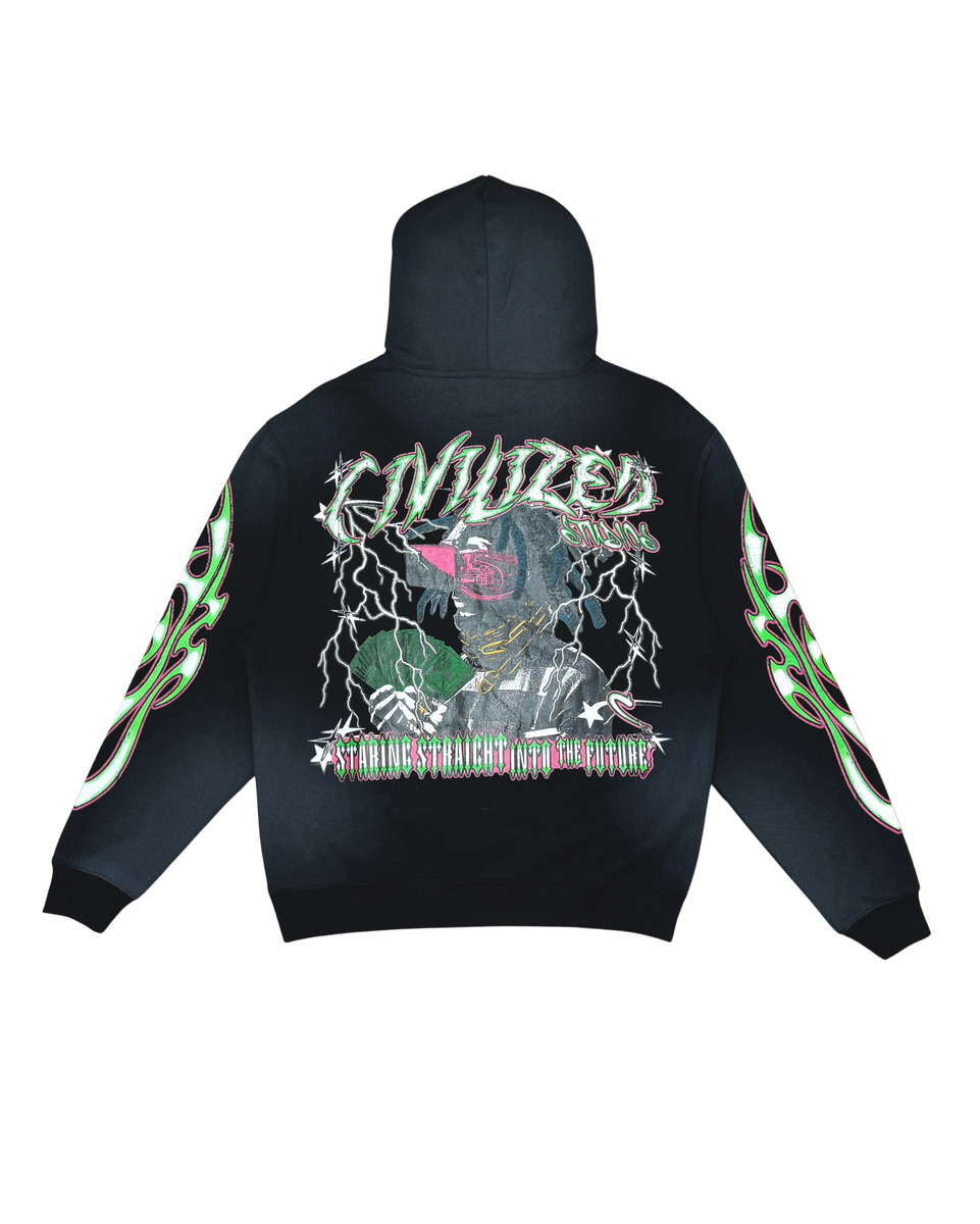Black hoodie with colorful graphic design on a white background