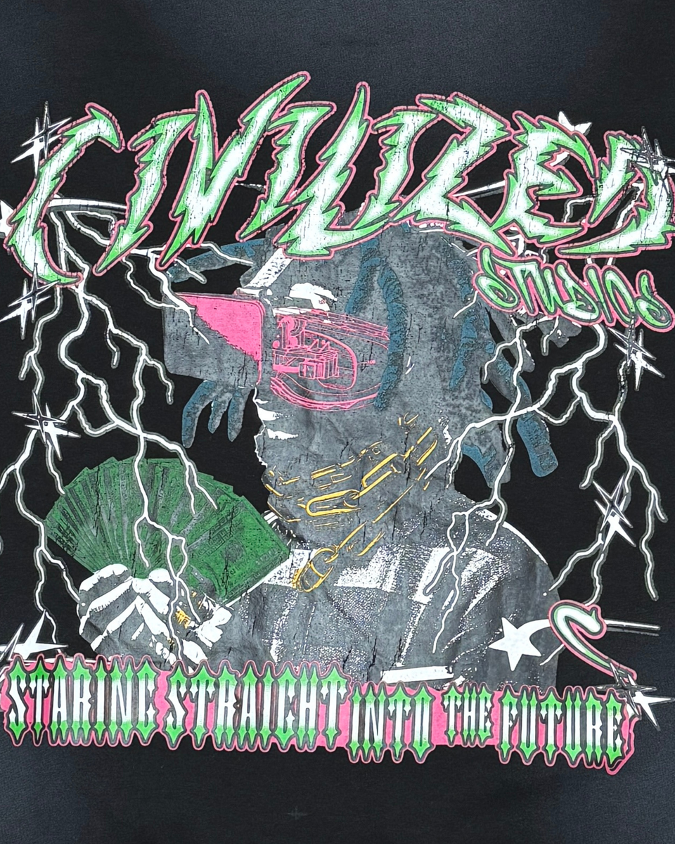 Album cover with stylized text and abstract design on a black background