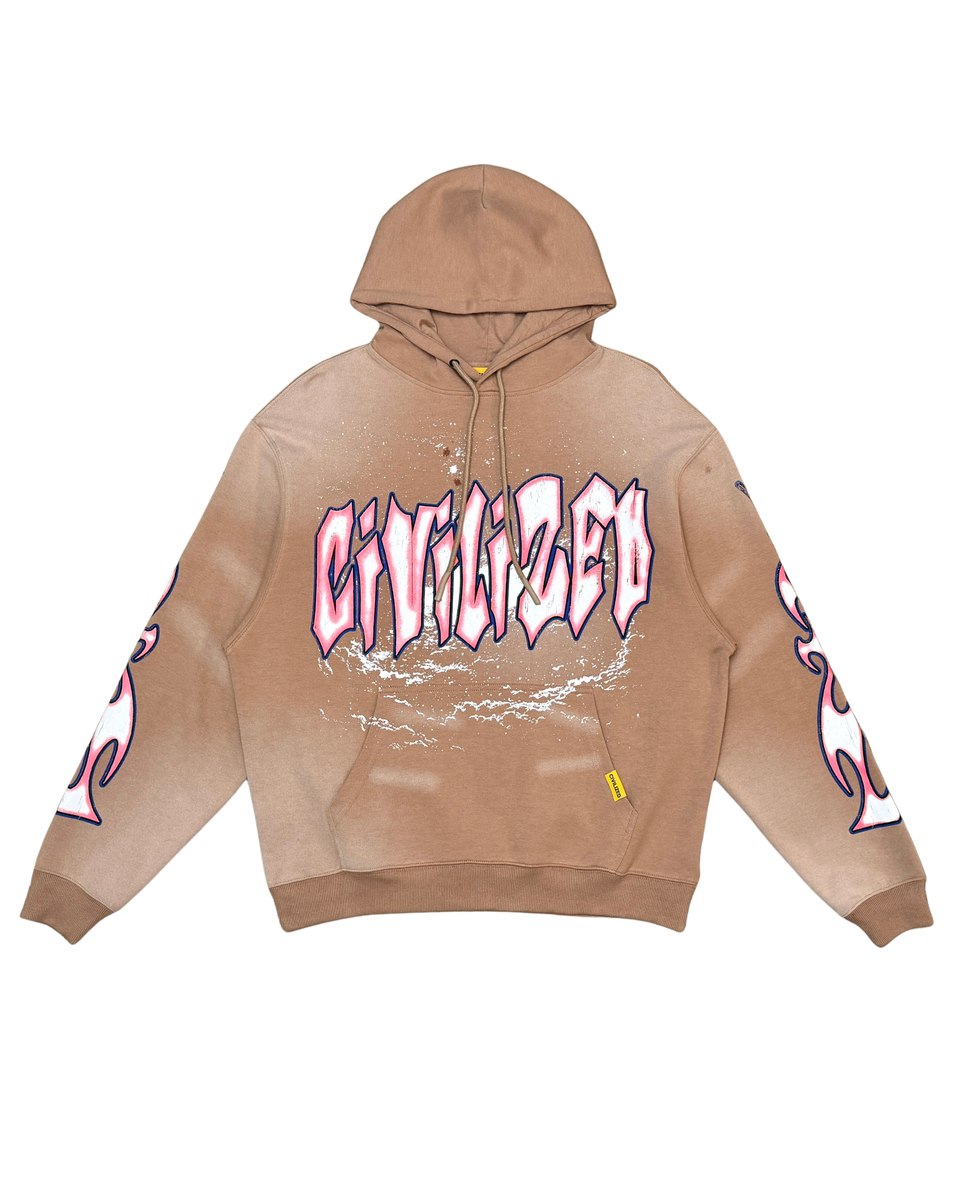 Brown hoodie with pink and white graphic design on a white background