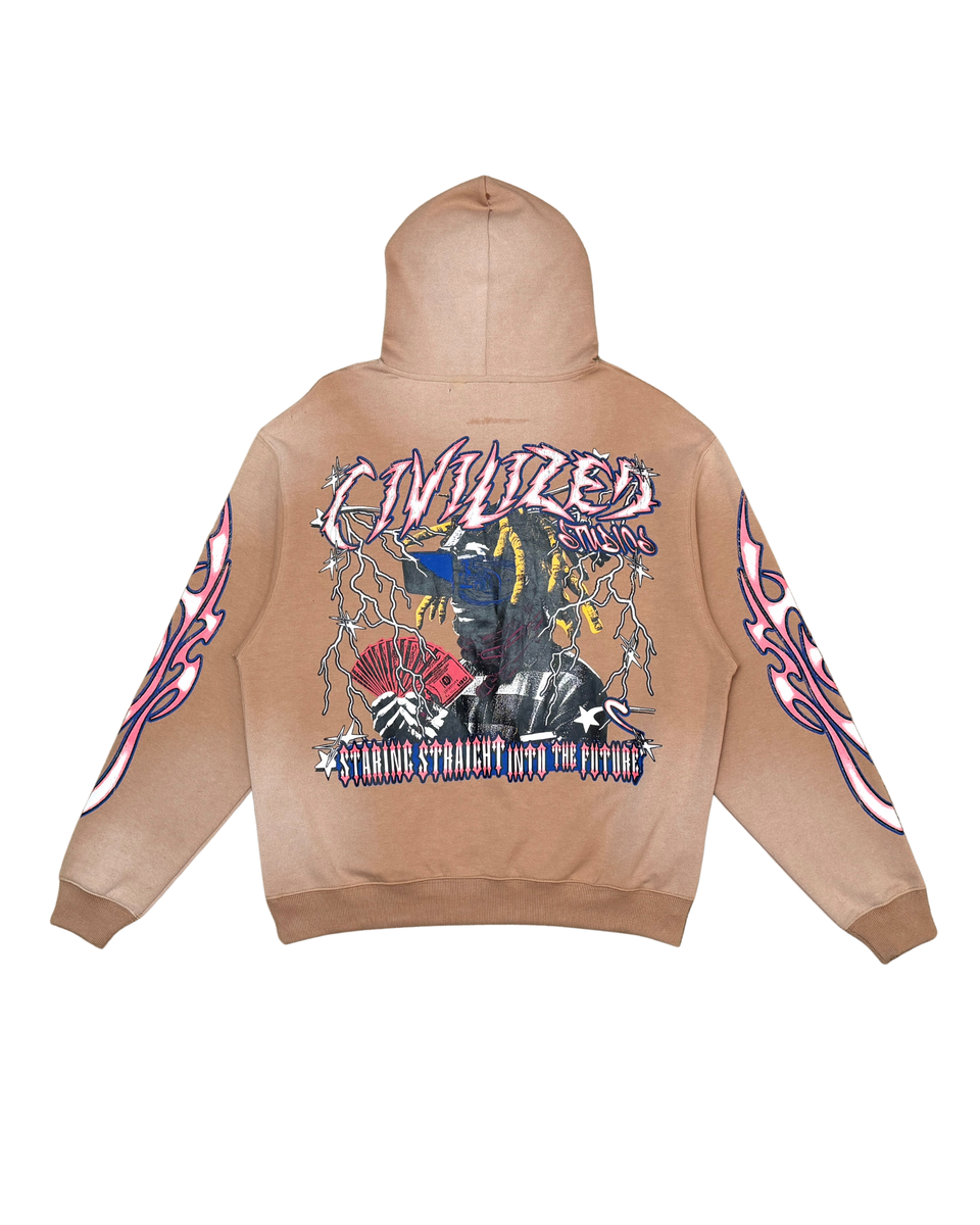 Beige hoodie with colorful graphic design on the back against a white background
