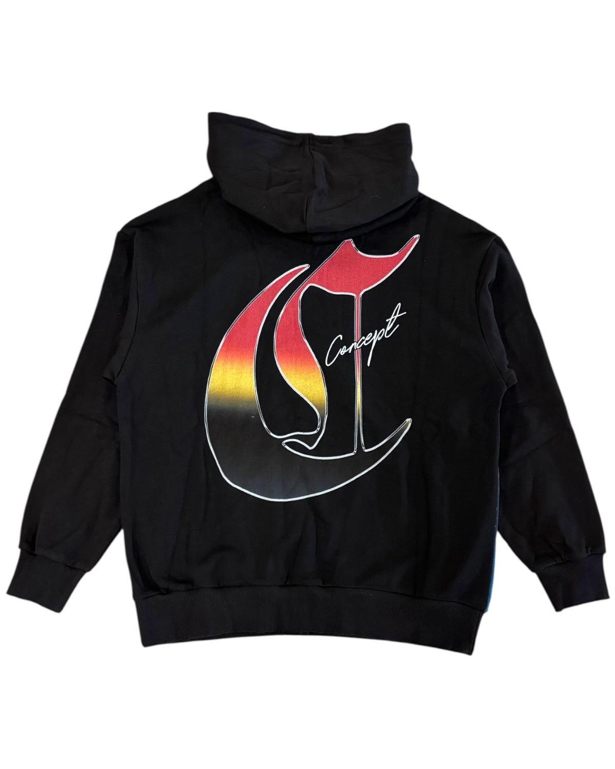Black hoodie with colorful graphic design on the back against a white background