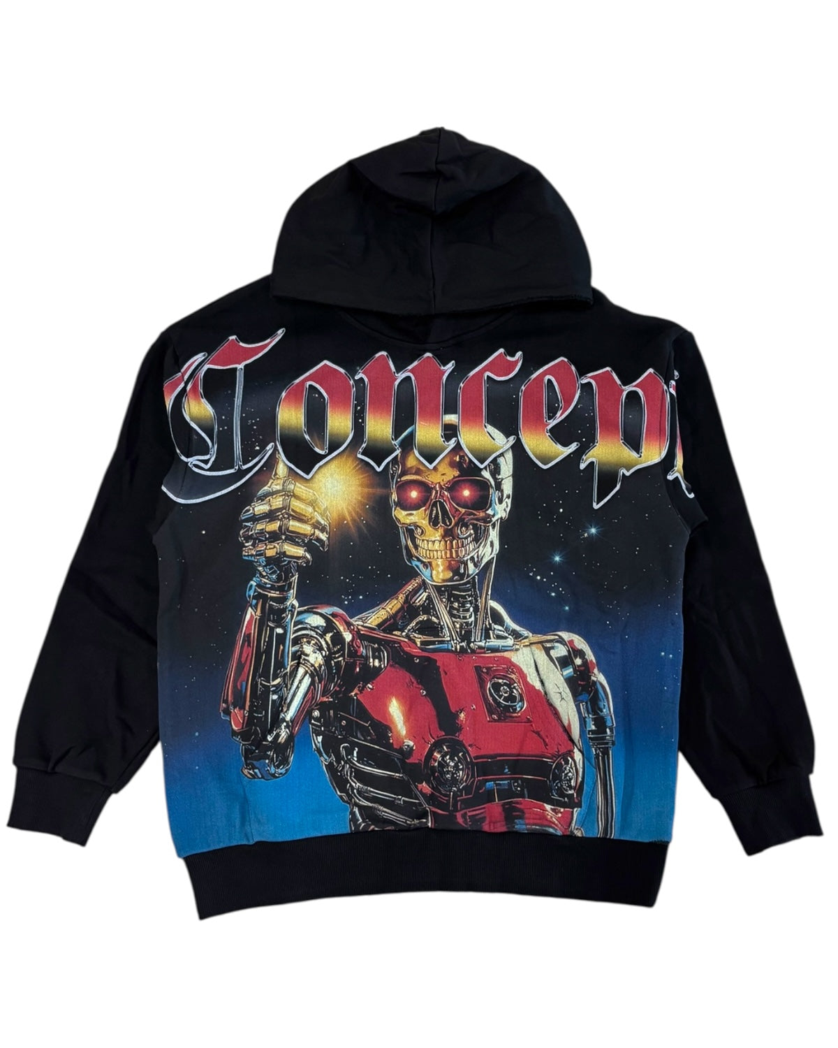 Black hoodie with a robot graphic and 'Concep' text on the back