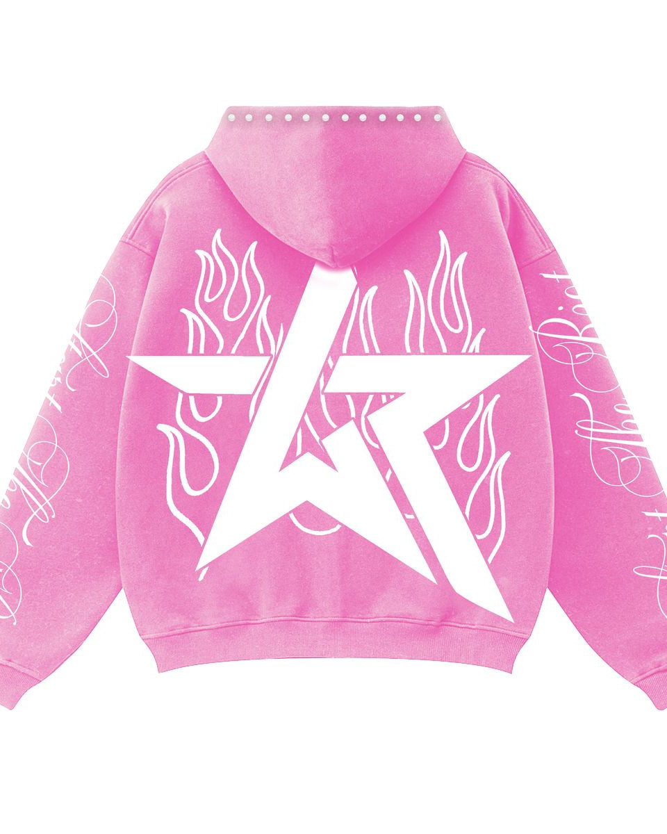 Pink hoodie with white star and flame designs on a white background