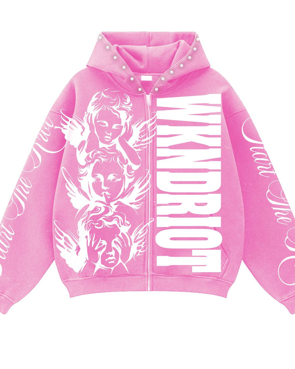 Pink hoodie with white graphics and text on a white background