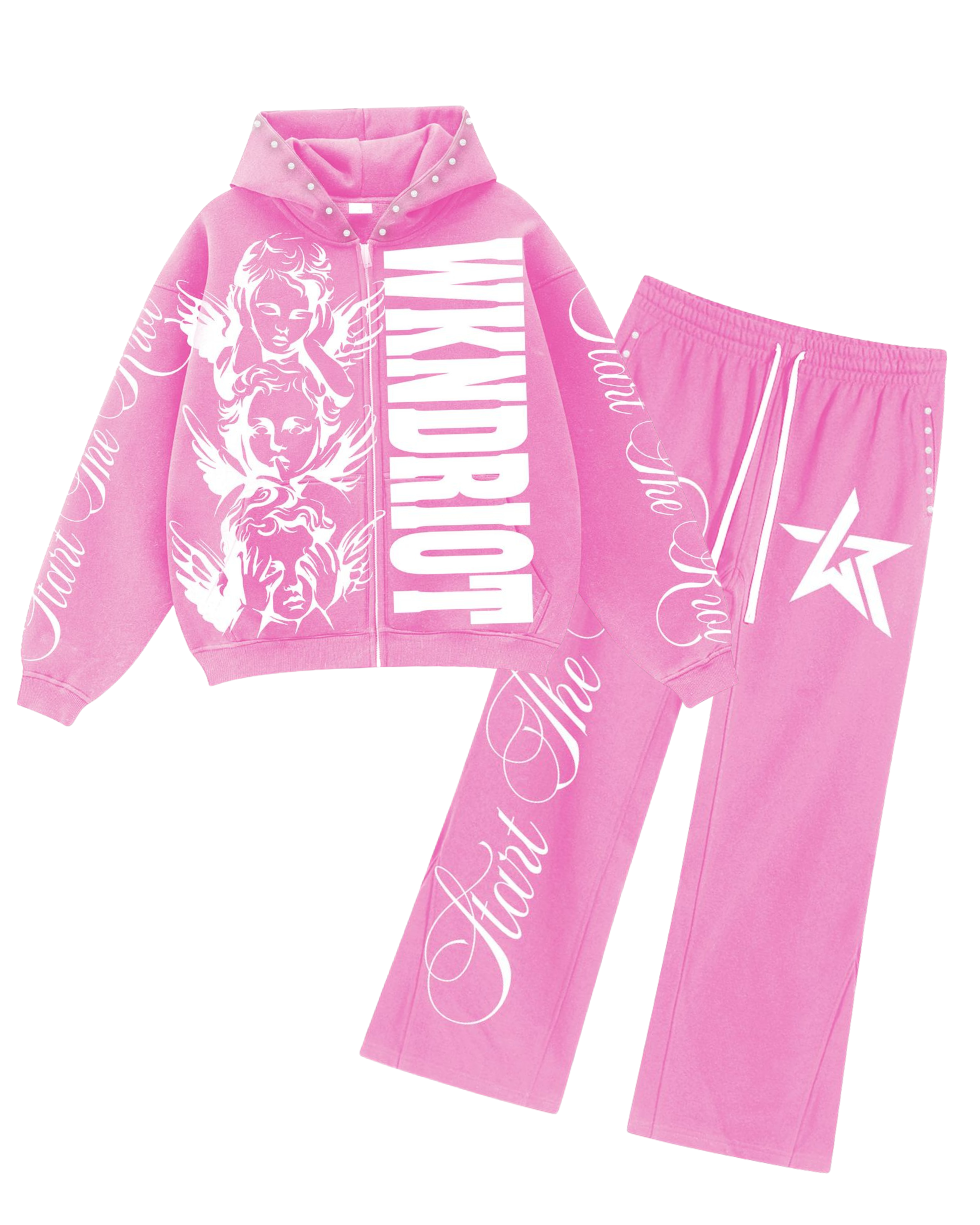 Pink hoodie and pants set with white text and graphics on a white background