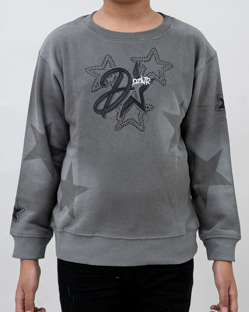 Gray sweatshirt with star design and brand logo worn by a person on a white background
