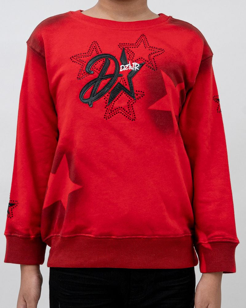 Red sweatshirt with a star design on a white background